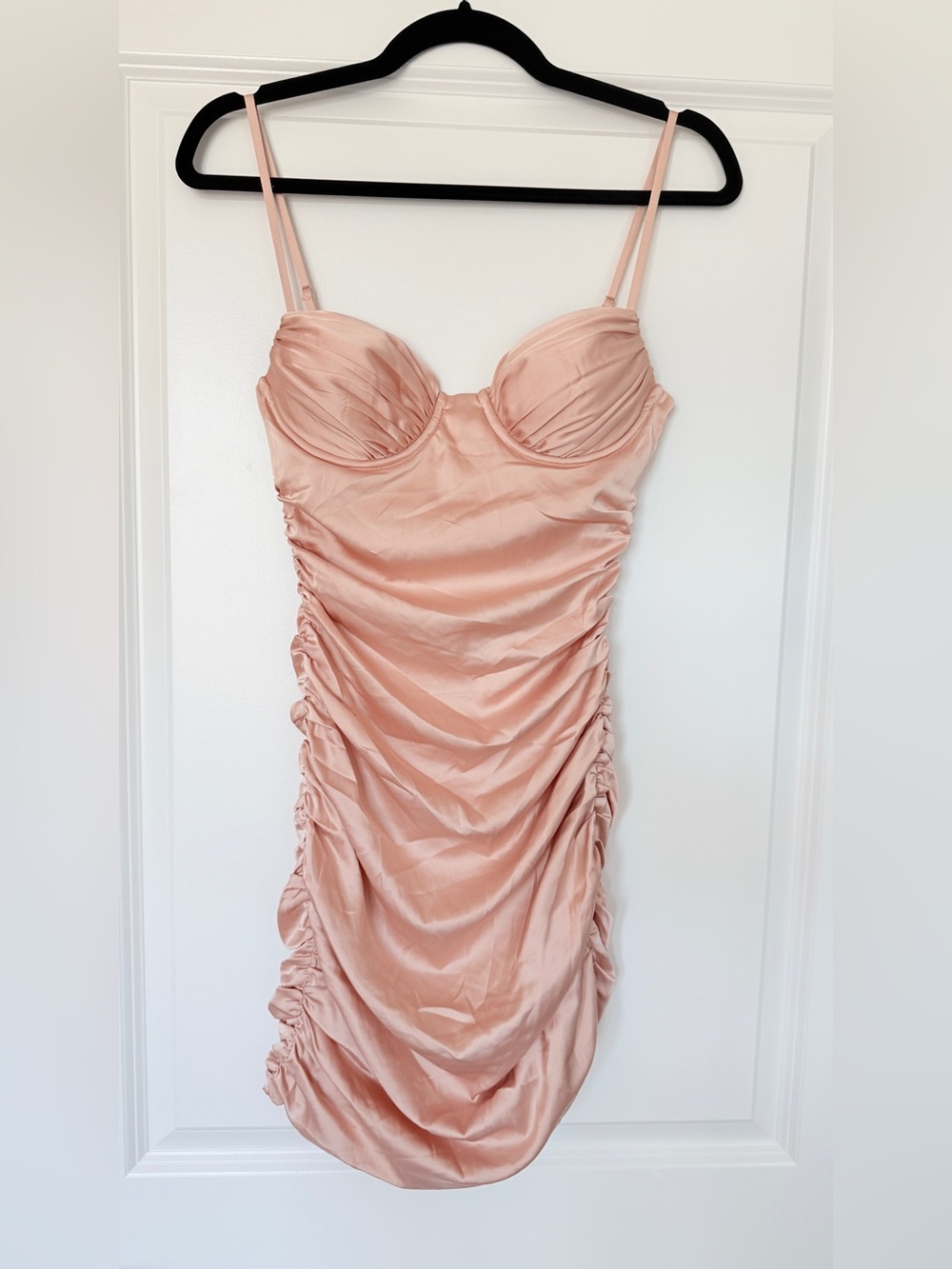 Oh Polly Blush Pink Ruched Satin Slip Dress